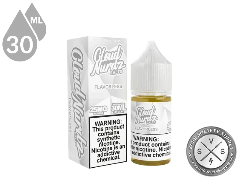 Flavorless CLOUD NURDZ SALTS 30ml tobacco-free nicotine salt vape juice bottle with retail box.