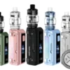 GeekVape Aegis Mini 5 Kit displayed in multiple color options including Forest Green, Sunset Rose, Black, Aqua Blue, and Polar Silver with Z Nano 3 tanks installed.