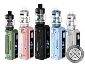 GeekVape Aegis Mini 5 Kit displayed in multiple color options including Forest Green, Sunset Rose, Black, Aqua Blue, and Polar Silver with Z Nano 3 tanks installed.