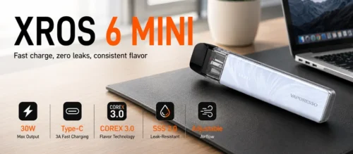 Vaporesso XROS 6 MINI Pod System mobile banner featuring the device with 30W output, COREX 3.0 flavor technology, USB-C fast charging, leak-resistant design, and adjustable airflow.