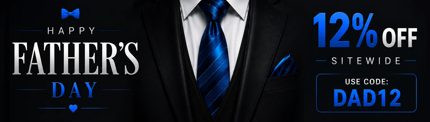 Father’s Day sale banner featuring a black suit with blue tie, 12% off sitewide promotion, and discount code DAD12.