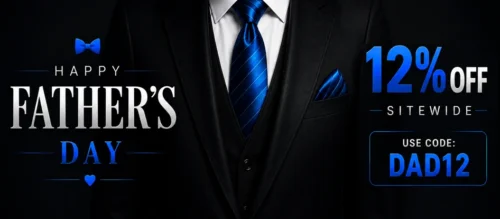 Mobile Father’s Day sale banner with blue tie, 12% off sitewide offer, and promo code DAD12.