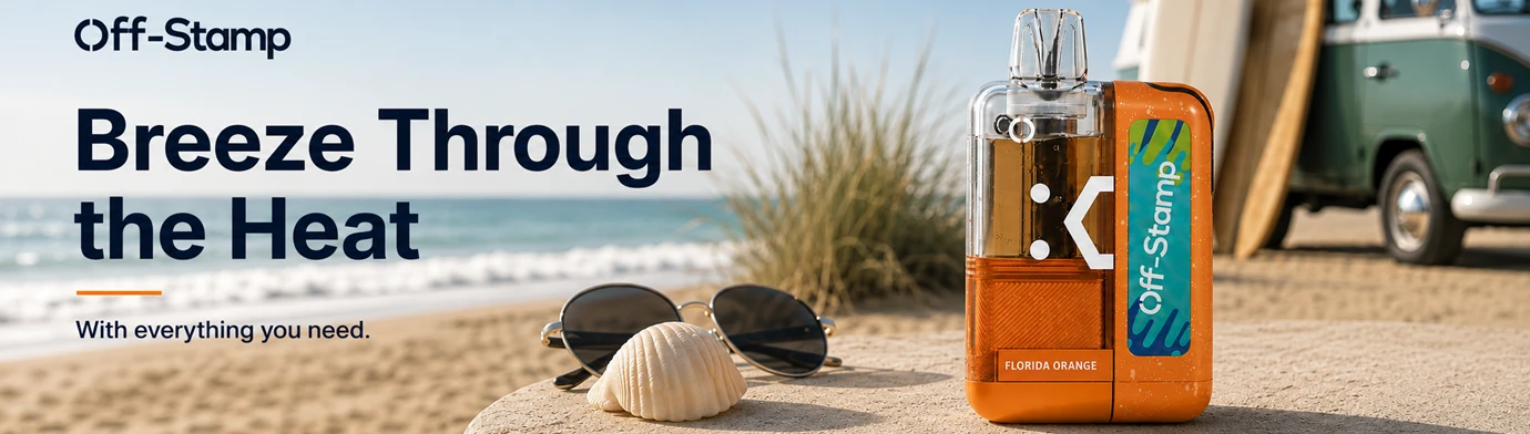 Off-Stamp disposable vape banner featuring the Florida Orange flavor on a sunny beach with the slogan "Breeze Through the Heat."
