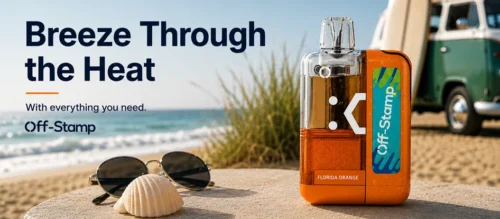 Off-Stamp Florida Orange disposable vape mobile banner with a beach background and the message "Breeze Through the Heat."