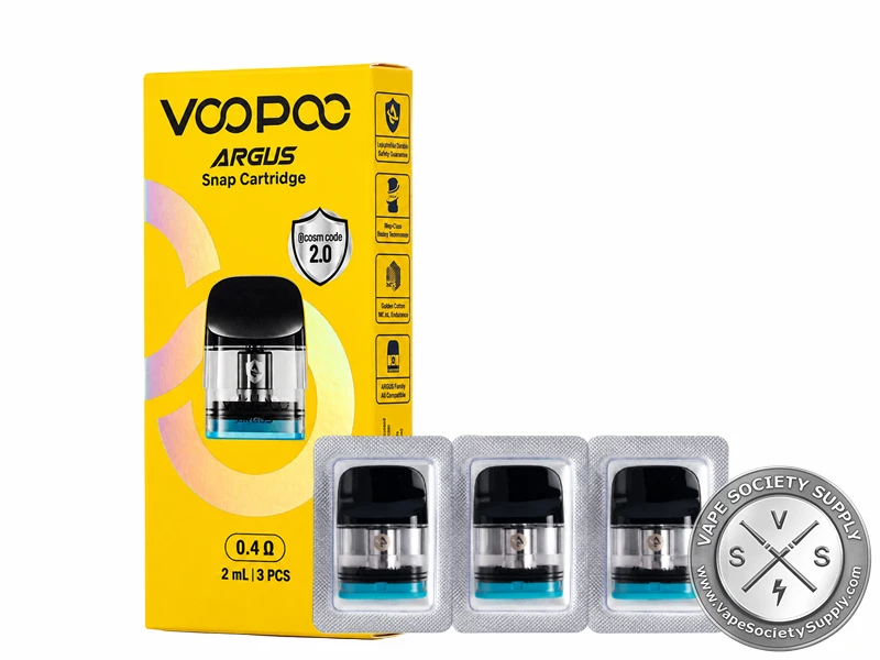 VOOPOO ARGUS SNAP Replacement Pods 0.4Ω 3-Pack with 2mL top-fill cartridge.