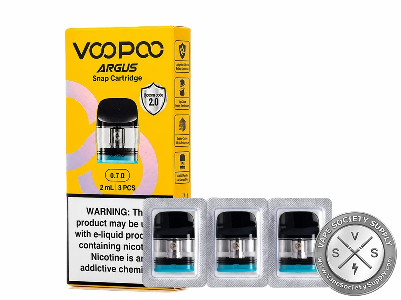 VOOPOO ARGUS SNAP Replacement Pods 0.7Ω 3-Pack with 2mL capacity.