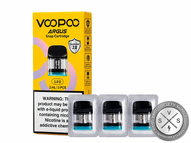 VOOPOO ARGUS SNAP Replacement Pods 1.0Ω 3-Pack for smooth MTL vaping.