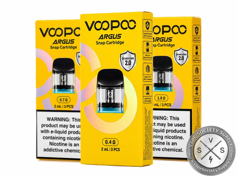 VOOPOO ARGUS SNAP Replacement Pods 3-Pack available in 0.4Ω, 0.7Ω, and 1.0Ω resistances.