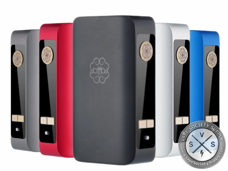 dotMod dotBox 220W V2 Box Mod shown in multiple color options with dual 18650 battery compatibility and 220W output.