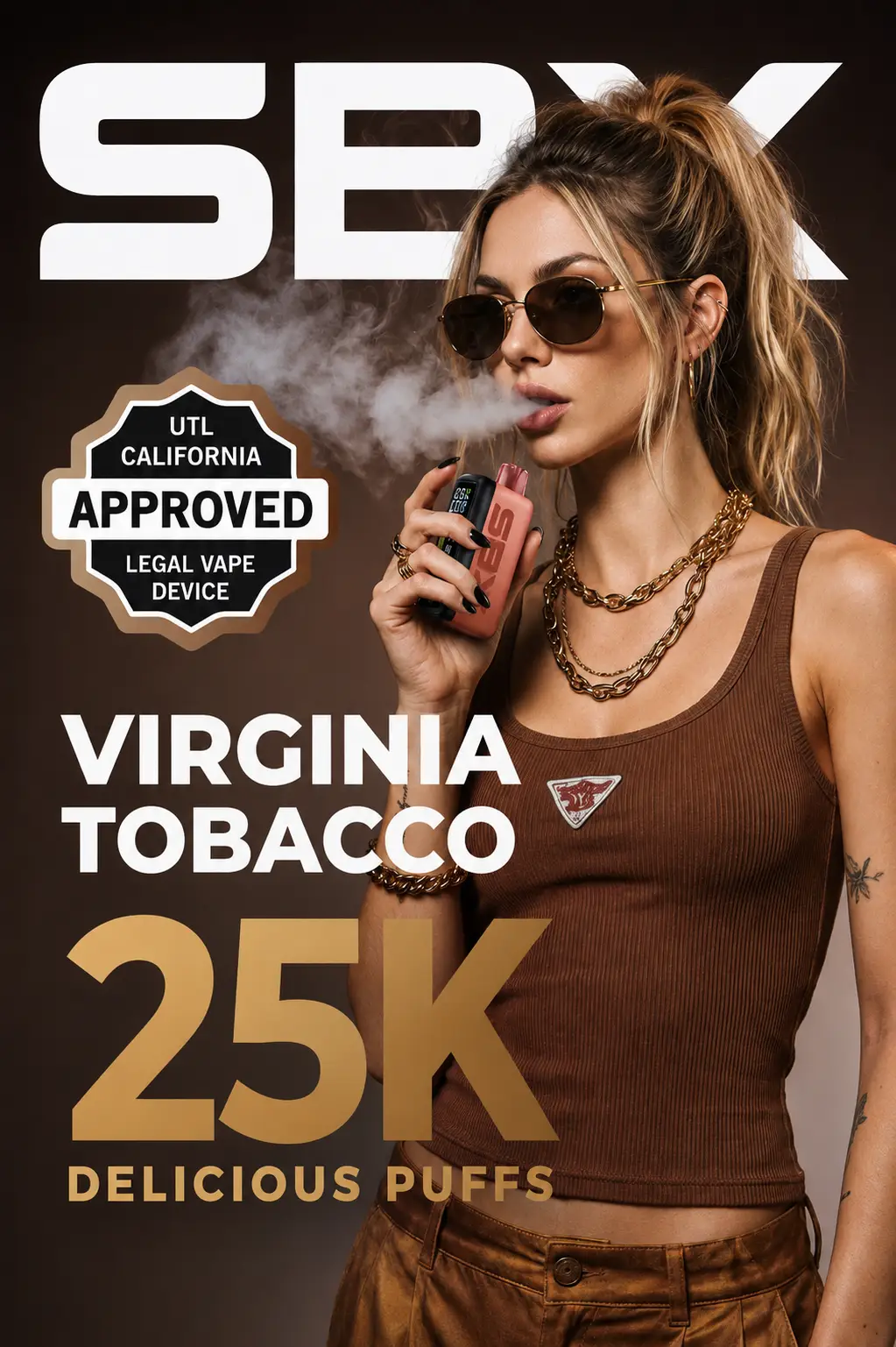SBX 25K Disposable Vape Virginia Tobacco featuring a California UTL Approved badge with a model using the device, highlighting up to 25,000 puffs.