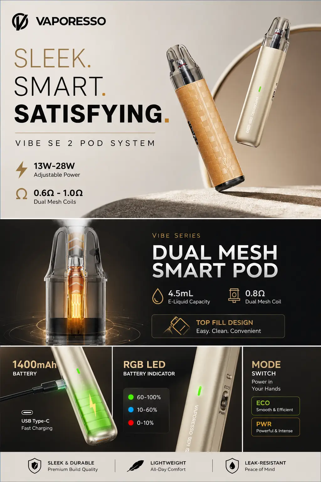 Vaporesso VIBE SE 2 Pod System features and specifications infographic