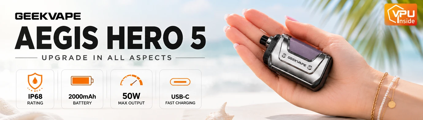 GeekVape Aegis Hero 5 Pod Kit with 2000mAh battery, 50W output, IP68 rating and USB-C charging