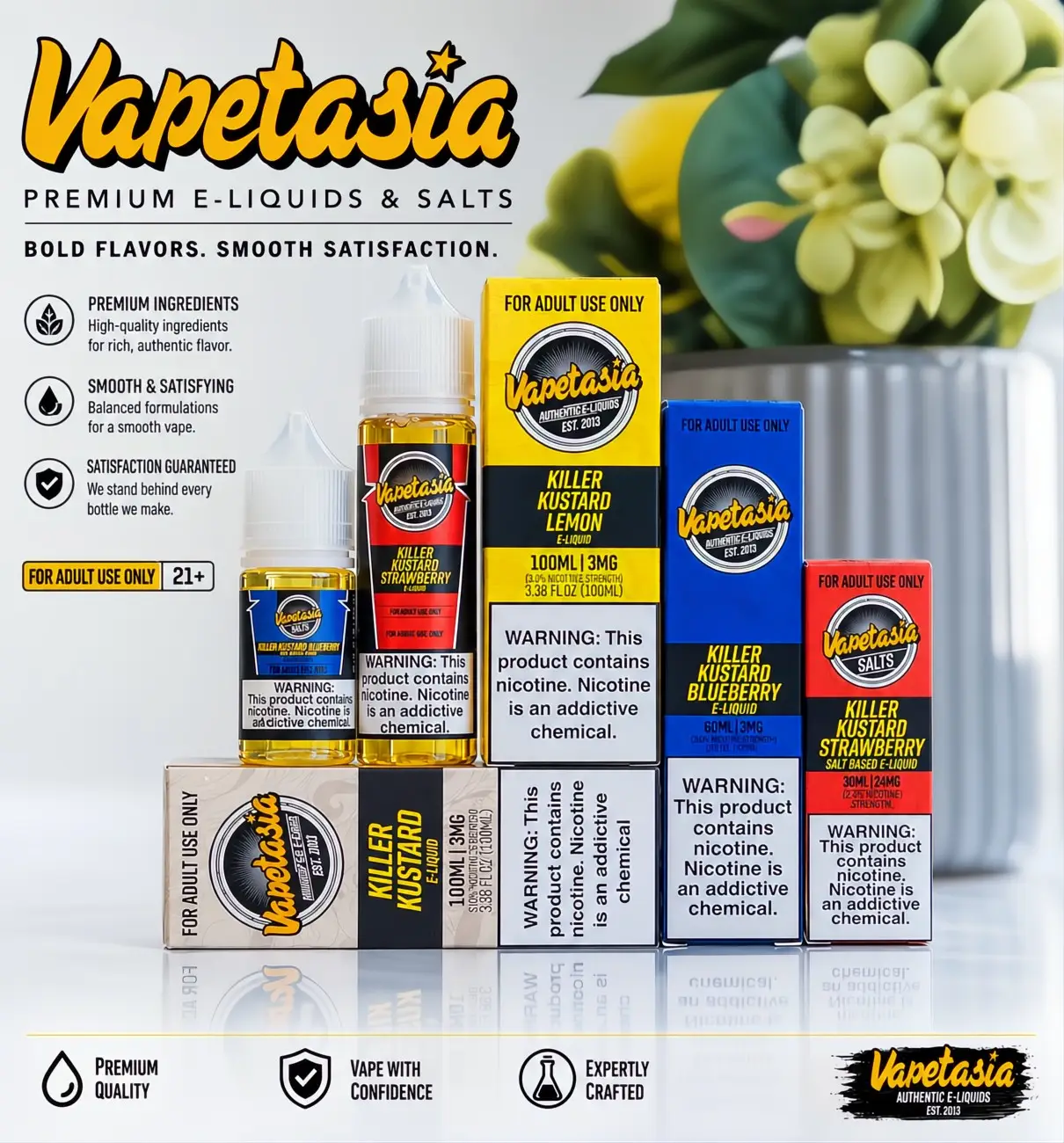 Vapetasia e-liquid and nicotine salt collection featuring Killer Kustard flavors