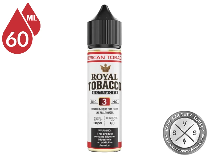 American Tobacco Royal Tobacco 60ml bottle with a white label and red top band, on a white background