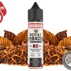 American Tobacco Royal Tobacco 60ml bottle among tobacco leaves, rolled leaves, and loose-cut tobacco