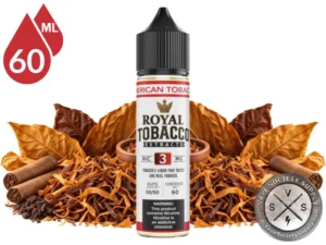 American Tobacco Royal Tobacco 60ml bottle among tobacco leaves, rolled leaves, and loose-cut tobacco