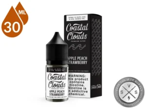Apple Peach Strawberry Coastal Clouds Salt 30ml bottle in front of its box