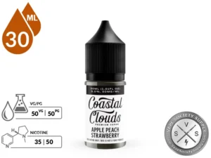 Apple Peach Strawberry Coastal Clouds Salt 30ml bottle with a 50/50 VG/PG icon and nicotine strength icons
