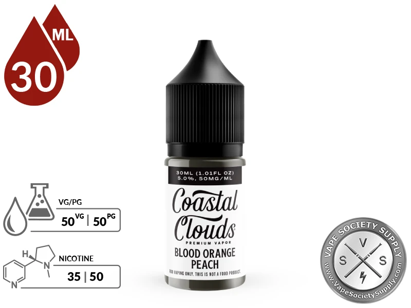 Blood Orange Peach Coastal Clouds Salt 30ml bottle with a 50/50 VG/PG icon and nicotine strength icons