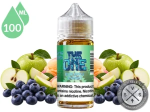 Blue Apple Sherbet THE ONE 100ml bottle with a green label among green apples and scoops of sherbet
