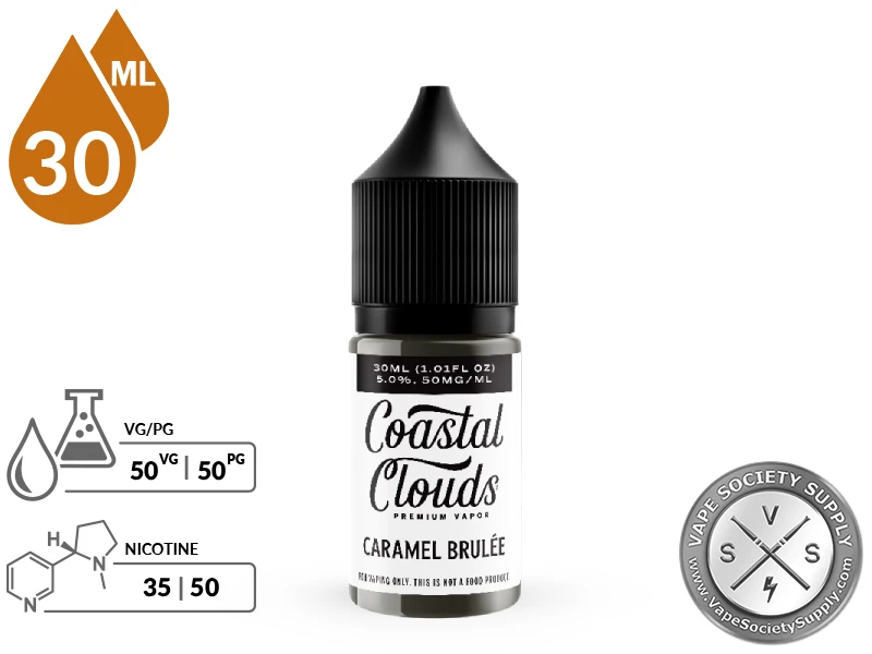 Caramel Brulee Coastal Clouds Salt 30ml bottle with a 50/50 VG/PG icon and nicotine strength icons