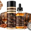Castle Long Reserve Chocolate Five Pawns 60ml bottle with the tube, a bourbon barrel, cocoa beans and coconut