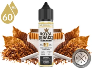 Cig Tobacco Royal Tobacco 60ml bottle among tobacco leaves, loose-cut tobacco, and an open pack of cigarettes