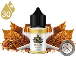 Cig Tobacco Royal Tobacco Salt 30ml bottle among tobacco leaves, loose-cut tobacco, and an open pack of cigarettes