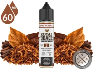 Cuban Tobacco Royal Tobacco 60ml bottle among tobacco leaves, loose-cut tobacco, and dark cigars