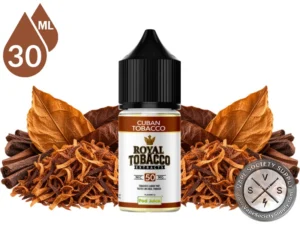 Cuban Tobacco Royal Tobacco Salt 30ml bottle among tobacco leaves, loose-cut tobacco, and dark cigars