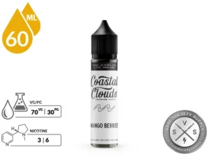 Mango Berries Coastal Clouds 60ml bottle with a 70/30 VG/PG icon and nicotine strength icons