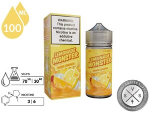 Mango Lemonade Monster 100ml bottle and box with 70VG/30PG and 3mg and 6mg nicotine icons