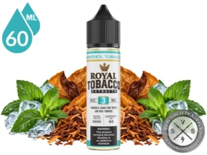 Menthol Tobacco Royal Tobacco 60ml bottle among tobacco leaves, fresh mint leaves, and ice cubes