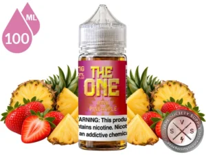 Pink Pineapple THE ONE 100ml bottle with a magenta label among halved pineapples with leafy crowns