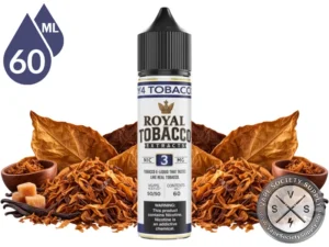 RY4 Tobacco Royal Tobacco 60ml bottle among tobacco leaves, caramel cubes, and vanilla beans