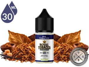 RY4 Tobacco Royal Tobacco Salt 30ml bottle among tobacco leaves, caramel cubes, and vanilla beans