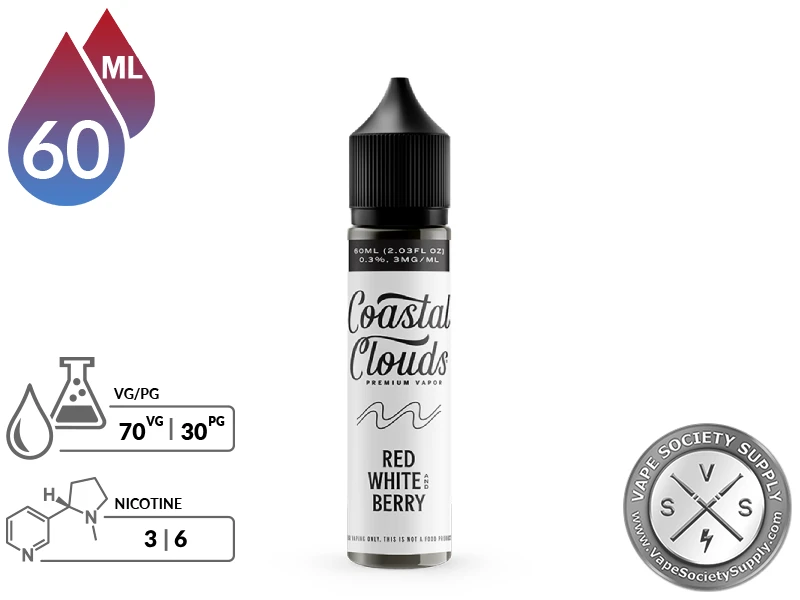 Red White and Berry Coastal Clouds 60ml bottle with a 70/30 VG/PG icon and nicotine strength icons