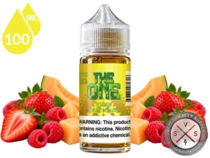 Straw Razz Melon THE ONE 100ml bottle with a yellow label among cantaloupe slices and fresh strawberries