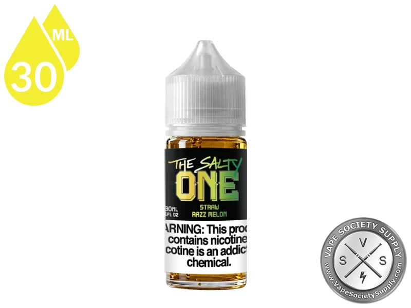 Straw Razz Melon THE SALTY ONE 30ml bottle with a 50/50 VG/PG icon and nicotine strength icons