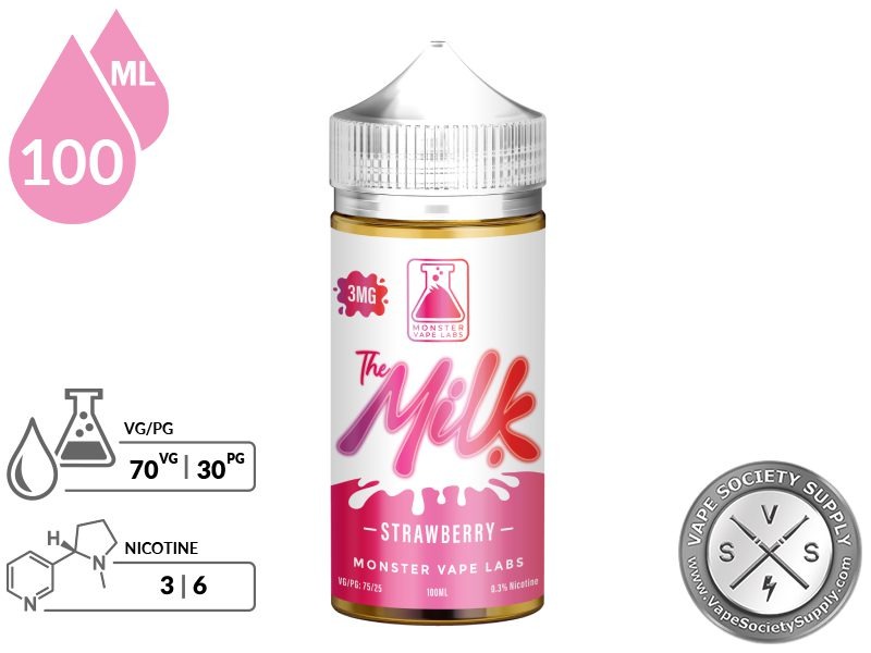 Strawberry The Milk 100ml bottle with 70VG/30PG and 3mg and 6mg nicotine icons