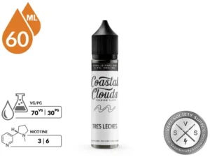 Tres Leches Coastal Clouds 60ml bottle with a 70/30 VG/PG icon and nicotine strength icons