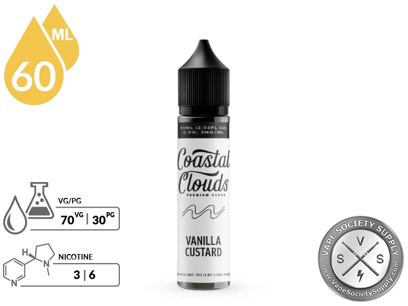 Vanilla Custard Coastal Clouds 60ml bottle with a 70/30 VG/PG icon and nicotine strength icons