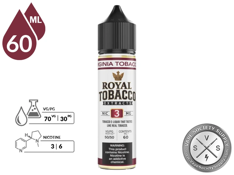Virginia Tobacco Royal Tobacco 60ml bottle with a white label and burgundy top band, on a white background
