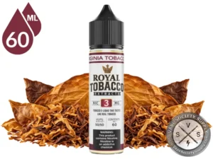 Virginia Tobacco Royal Tobacco 60ml bottle among golden tobacco leaves and a mound of loose-cut tobacco