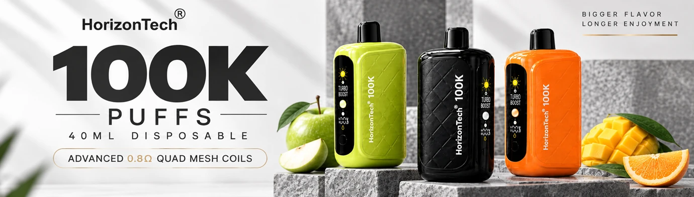 HorizonTech 100K Puffs 40mL disposable vape with 0.8 ohm quad mesh coils