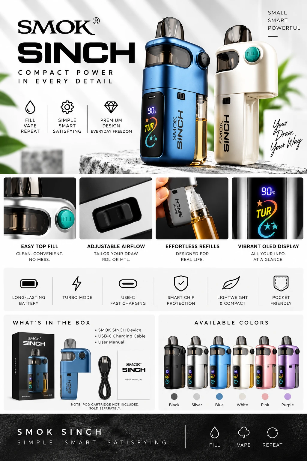 SMOK SINCH Kit infographic showing features, OLED display, top-fill system, adjustable airflow, colors, and box contents