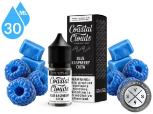 Blue Raspberry Chew Coastal Clouds Salt 30ml bottle and box with blue raspberries and blue fruit chews