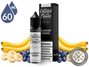 Blueberry Banana Coastal Clouds 60ml bottle and box with bananas and blueberries