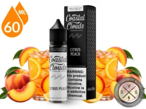 Citrus Peach Coastal Clouds 60ml bottle and box with peaches, orange slices and glasses of iced drink