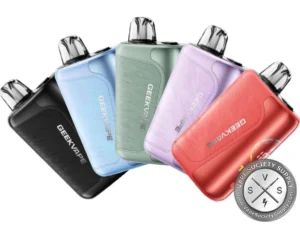 Five GeekVape GO pod systems in black, light blue, sage green, lavender, and coral red